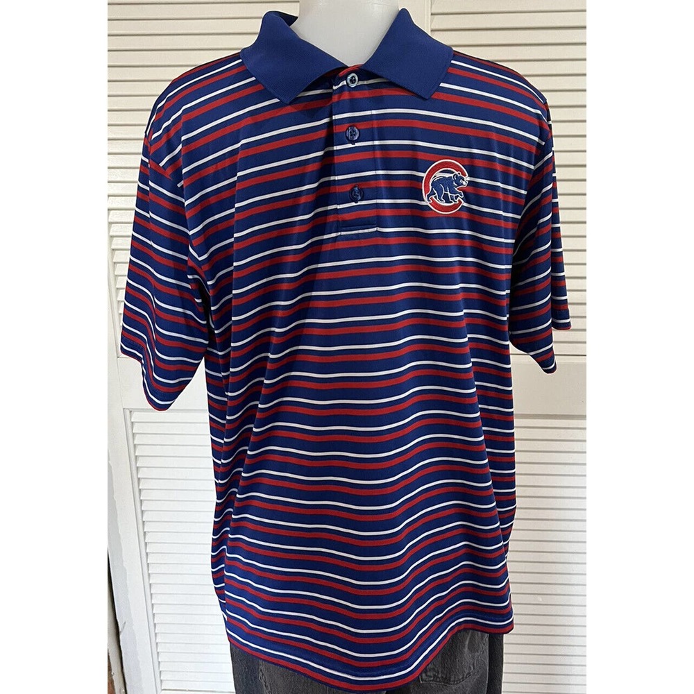 Chicago Cubs Mens Majestic Red White Blue Stripe Short Sleeve Polo Shirt Large